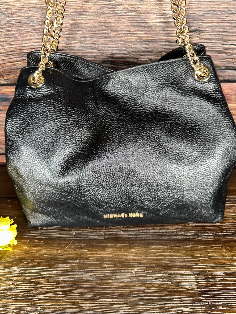 Michael Kors Black Leather 3 Compartment Shoulder Bag with Gold Chain Straps